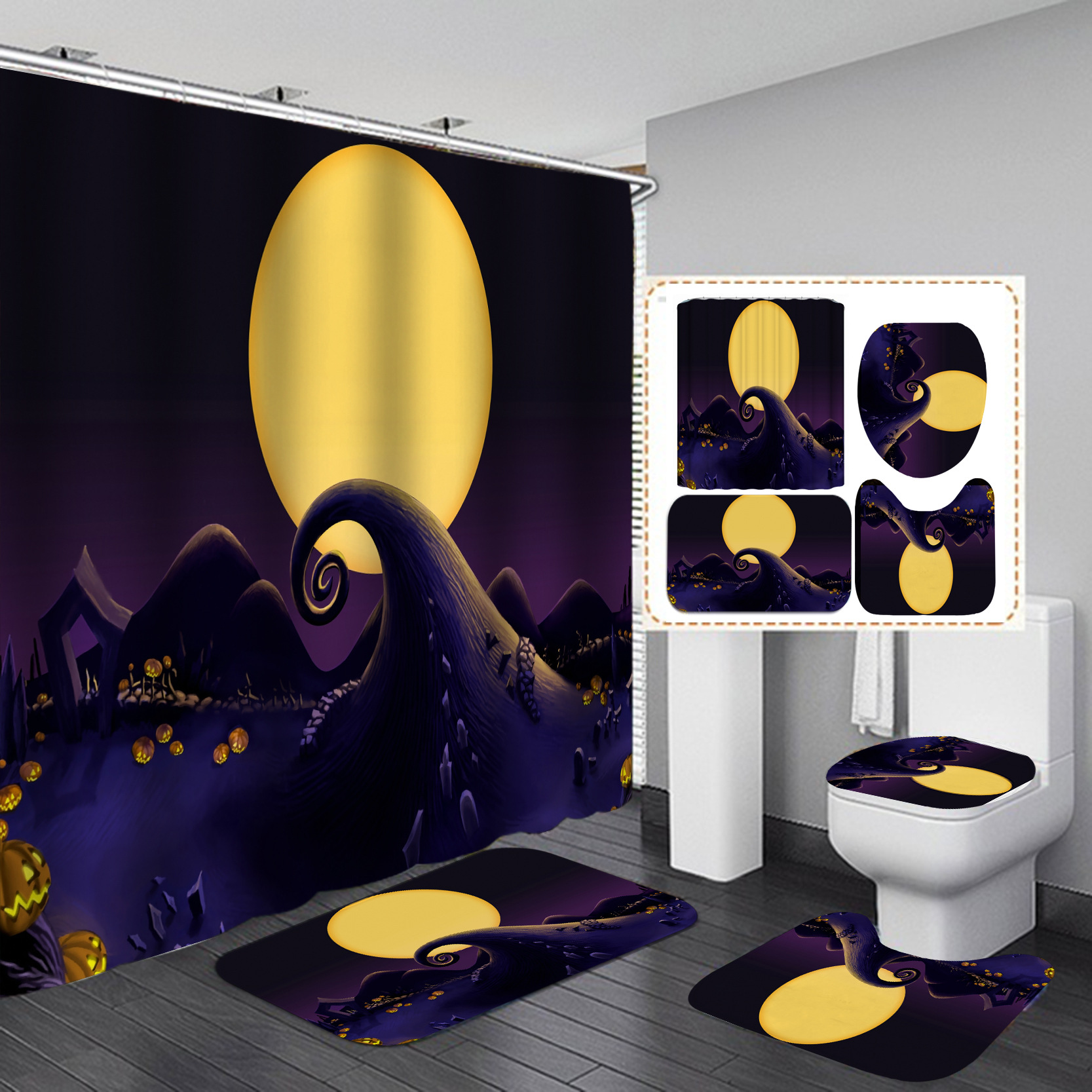 Amazon e-commerce HD Baño de impresión digital Cortina de ducha de Halloween Baño de hotel Cortina de ducha de separación húmeda y seca