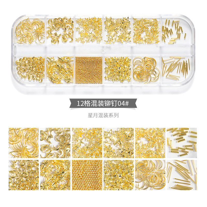 Nuevo estilo clavo remache joyería caja larga mixta japonés clavo Rosa oro metal estrella Luna hueco parche de uñas image 9