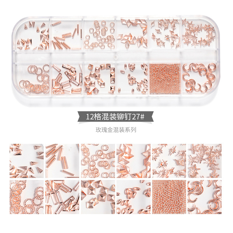 Nuevo estilo clavo remache joyería caja larga mixta japonés clavo Rosa oro metal estrella Luna hueco parche de uñas image 14
