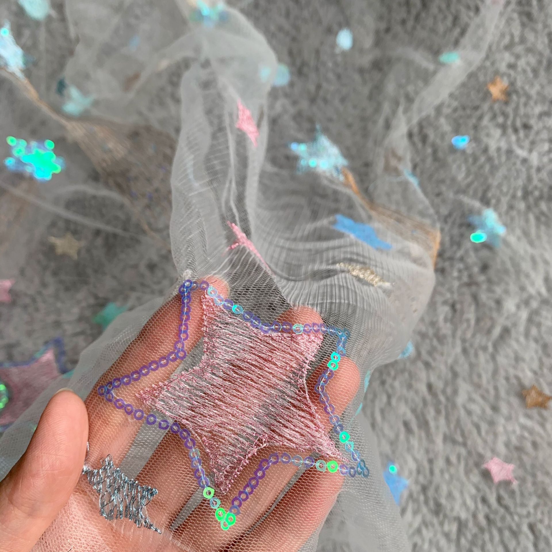 Malla de fábrica estrella de cinco puntas pieza brillante bordada lluvia de meteoros lentejuelas malla Lolita ropa para niños falda de mujer tela