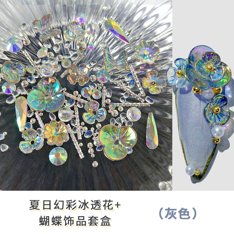 Verano popular celebridad en línea arte de uñas hielo transparente Flor Mariposa joyería color mágico Concha flor uñas rhinestone micro cuentas decorativas conjunto caja