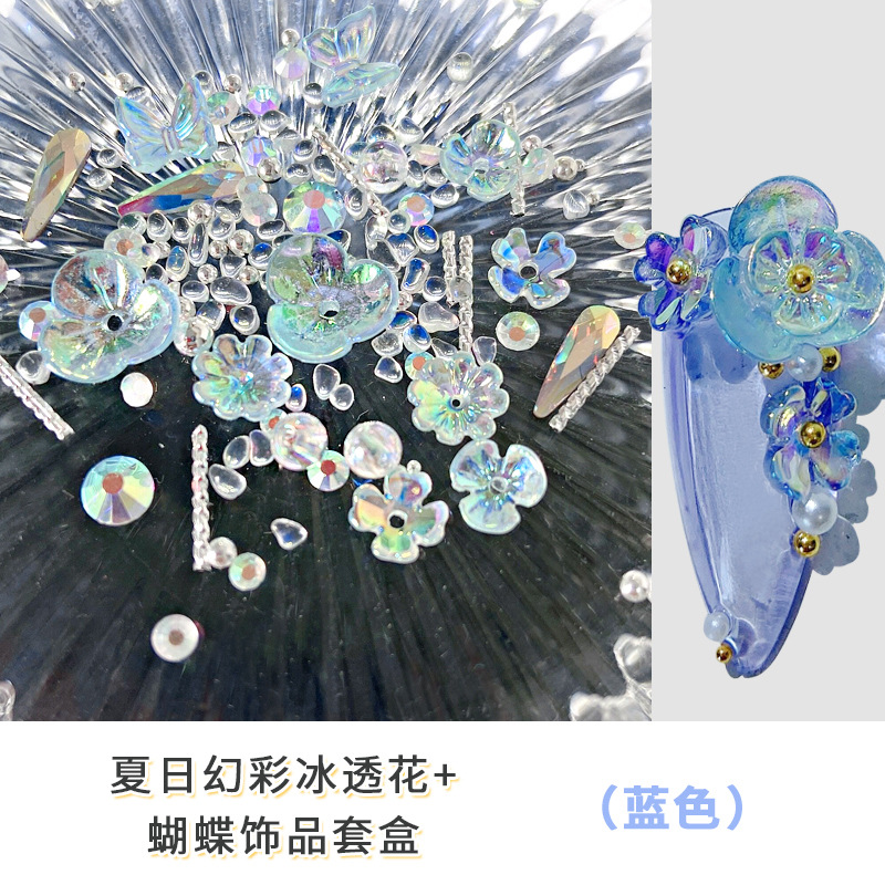 Verano popular celebridad en línea arte de uñas hielo transparente Flor Mariposa joyería color mágico Concha flor uñas rhinestone micro cuentas decorativas conjunto caja