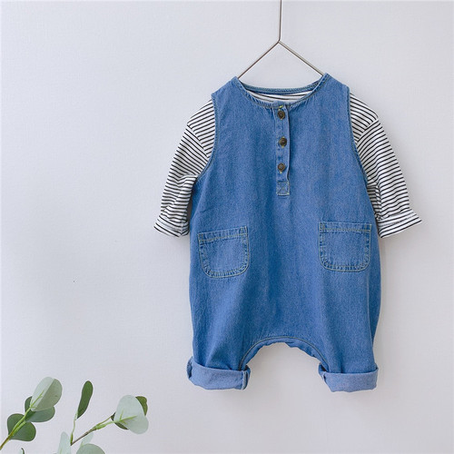 Children's clothing spring style male and female baby denim suspender set infant and child jumpsuit pure cotton striped T-shirt two-piece spring outfit