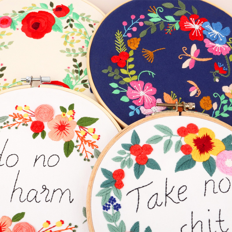 Feliz guirnalda DIY material bordado hecho a mano paquete principiante europeo tela flor flores y plantas letras planta verde