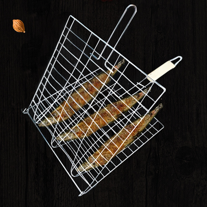 Widened grill wooden handle anti-scald three fish clip barbecue set grilled fish net barbecue grill silver outdoor commercial super-mounted bold net