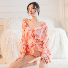 新款情趣内衣印花猫蝴蝶和服性感诱惑套装日式可爱俏皮开襟粉睡袍