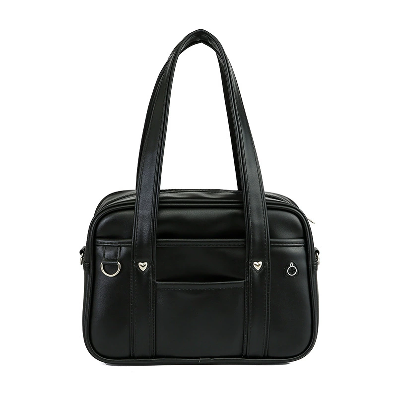 One‑shoulder Japanese school handbag, polyurethane, compact rectangular design, decorative metal accents