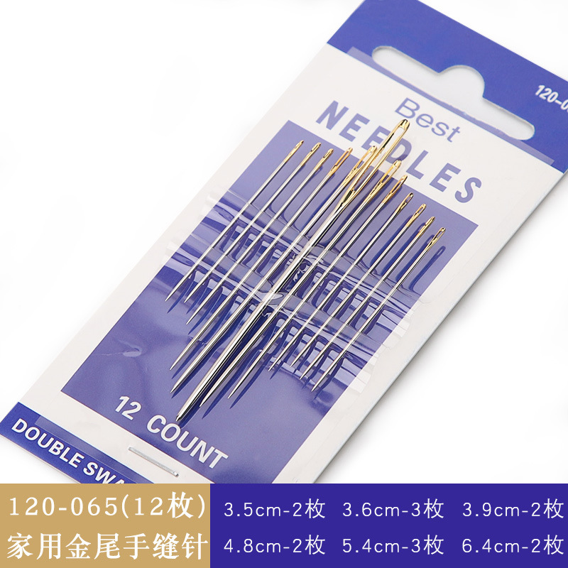Agujas de coser a mano azules al por mayor del fabricante, agujas de bordado de punto de cruz hechas a mano con puntas doradas, agujas de coser domésticas para ropa, varios tamaños, agujas de ojo grande.
