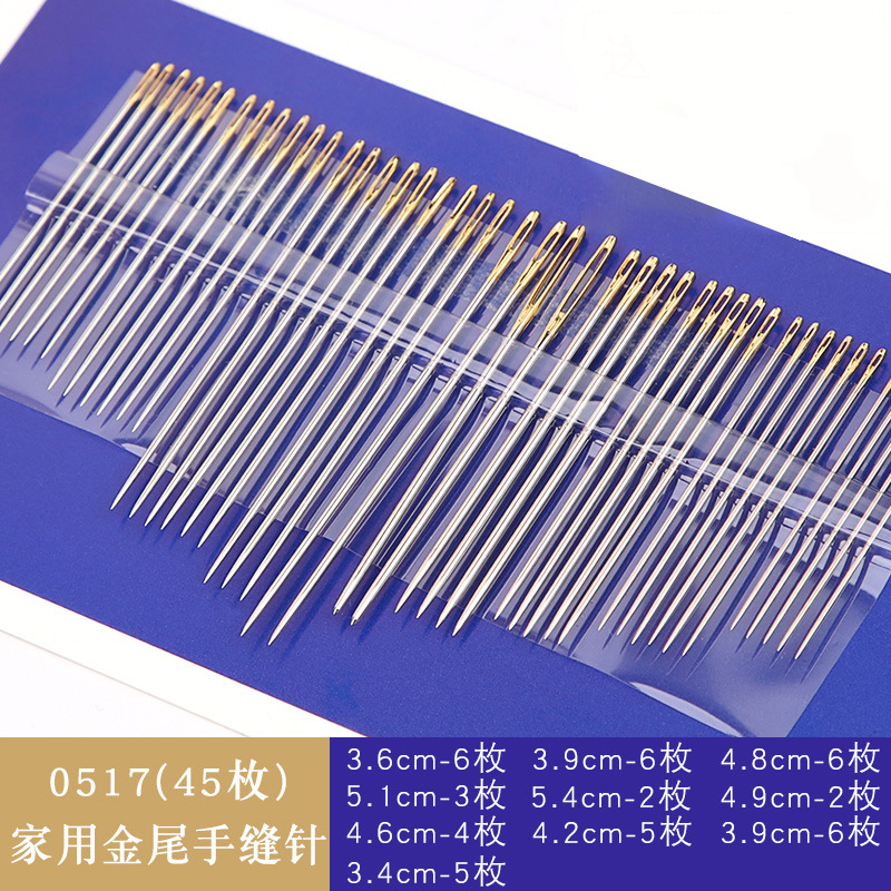 Agujas de coser a mano azules al por mayor del fabricante, agujas de bordado de punto de cruz hechas a mano con puntas doradas, agujas de coser domésticas para ropa, varios tamaños, agujas de ojo grande.