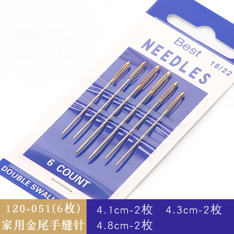 Agujas de coser a mano azules al por mayor del fabricante, agujas de bordado de punto de cruz hechas a mano con puntas doradas, agujas de coser domésticas para ropa, varios tamaños, agujas de ojo grande.