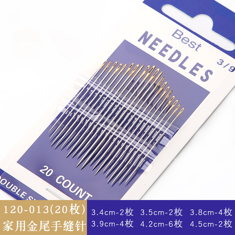Agujas de coser a mano azules al por mayor del fabricante, agujas de bordado de punto de cruz hechas a mano con puntas doradas, agujas de coser domésticas para ropa, varios tamaños, agujas de ojo grande.