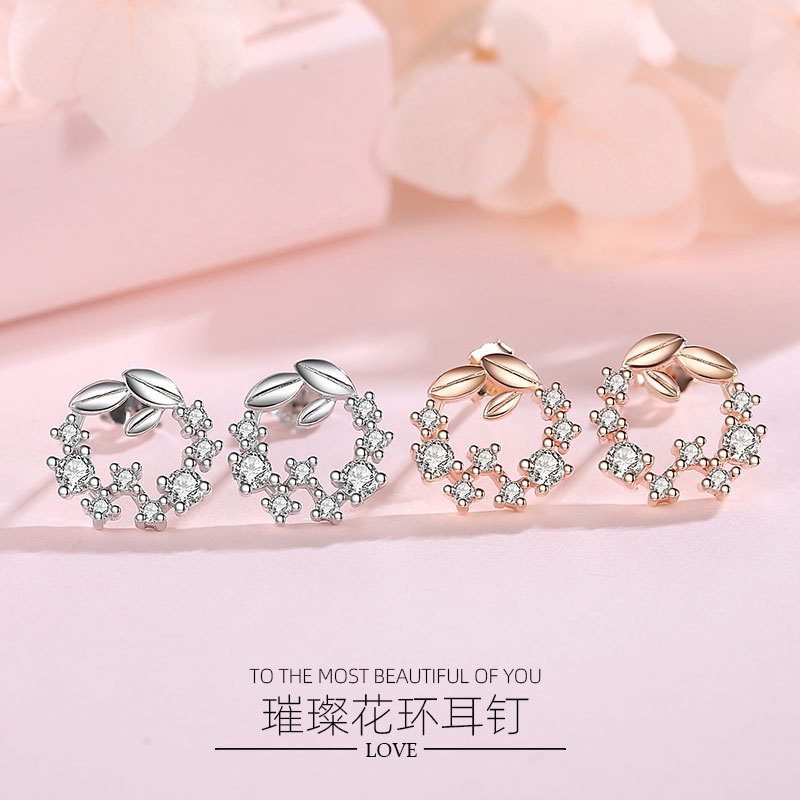 S925 plata esterlina guirnalda Stud pendientes Corea moda mujer plata esterlina incrustaciones de piedras preciosas Nueva joyería de plata simple temperamento