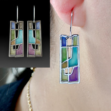 荣钰wish复古镀925氧化银澳泊珐琅耳环 欧美手工创意七彩拼花耳坠