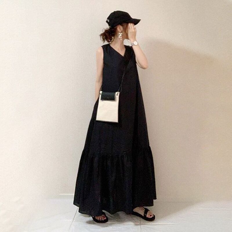 In Stock 2026 Japanese Style Summer New Loose Sleeveless Dress Slimming Patchwork Mid-Length Dress