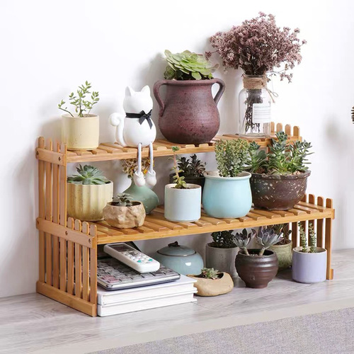 Bamboo solid wood succulent desktop small flower rack office window sill rack potted plant rack table mini storage rack