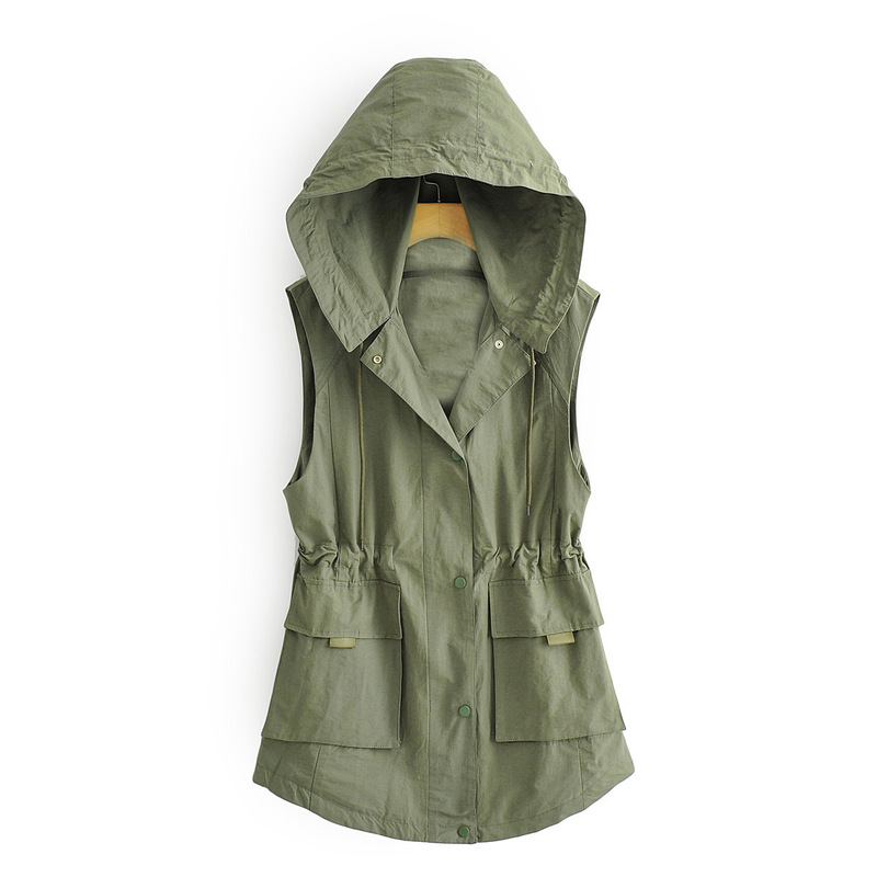 50YG-0043 European and American style women's clothing wholesale 2025 spring long large pocket hooded vest coat women