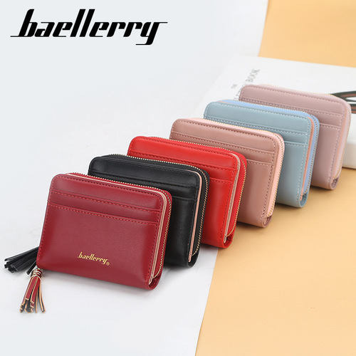 Women's short wallet baellerry Korean version multi-card slot driver's license coin purse fashionable tassel snap button women's bag