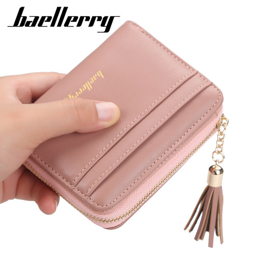 Women's short wallet baellerry Korean version multi-card slot driver's license coin purse fashionable tassel snap button women's bag