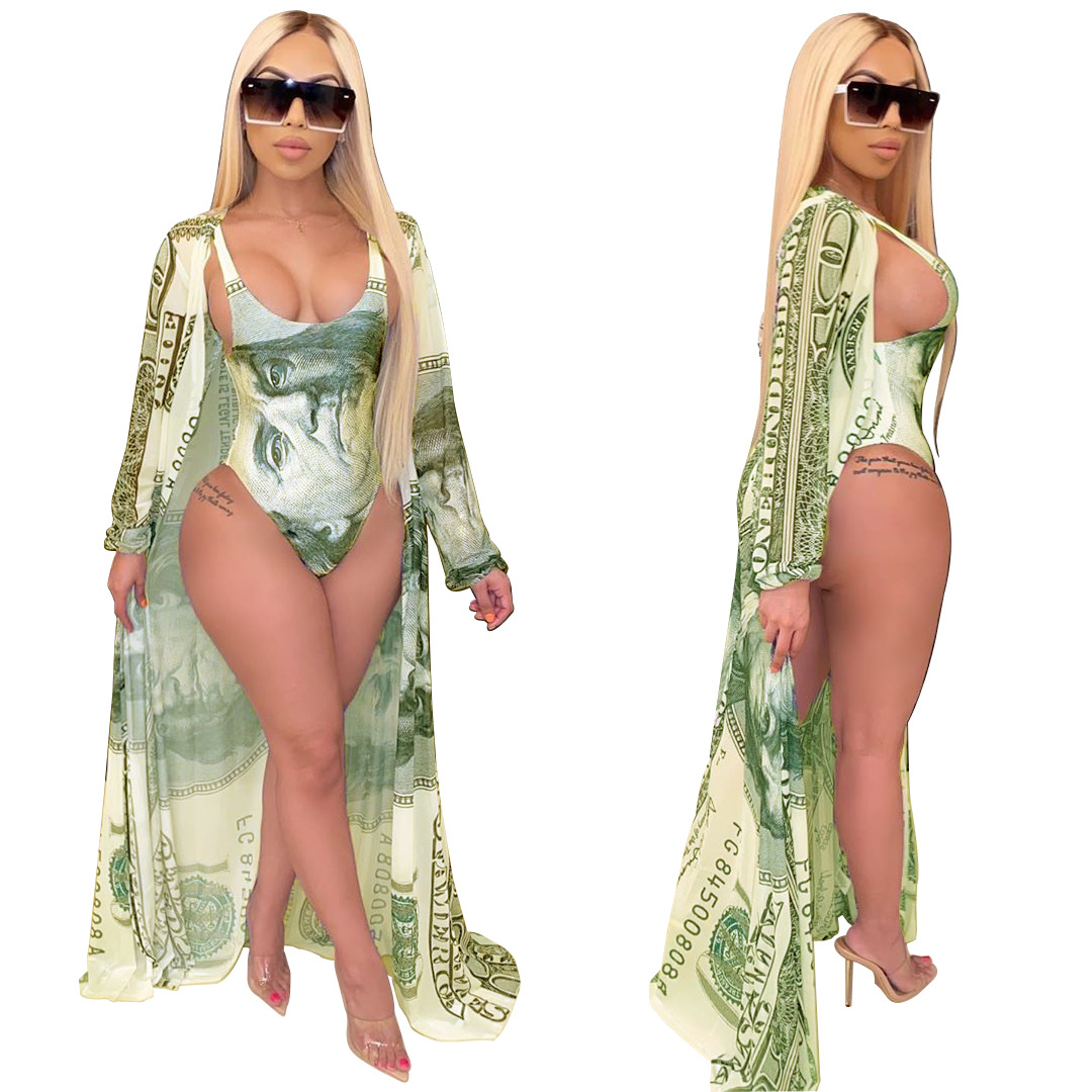 A8560 European and American Women's 2020 Swimwear Fashion Casual Printed Cloak + Bikini Split Swimsuit with Belt