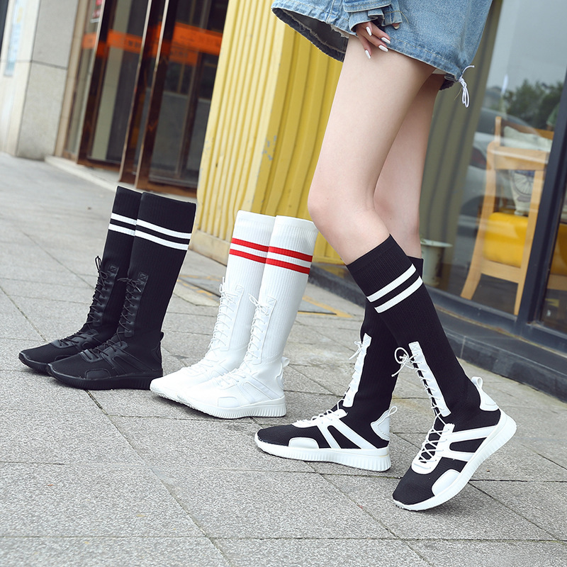 Spring and Autum Korean Style Fly-Knit Breathable High-Top Inner Heightening Lace-Up Fashionable Student Girl Women's Shoes Socks Boots Soft Soles