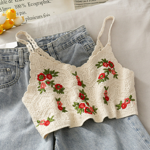 Retro crochet lace embroidery spaghetti strap top, slimming student camisole, can be worn outside, vacation beach camisole.