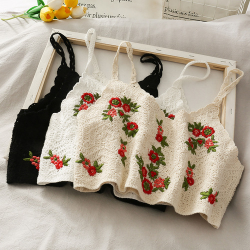 Retro crochet lace embroidery spaghetti strap top, slimming student camisole, can be worn outside, vacation beach camisole.