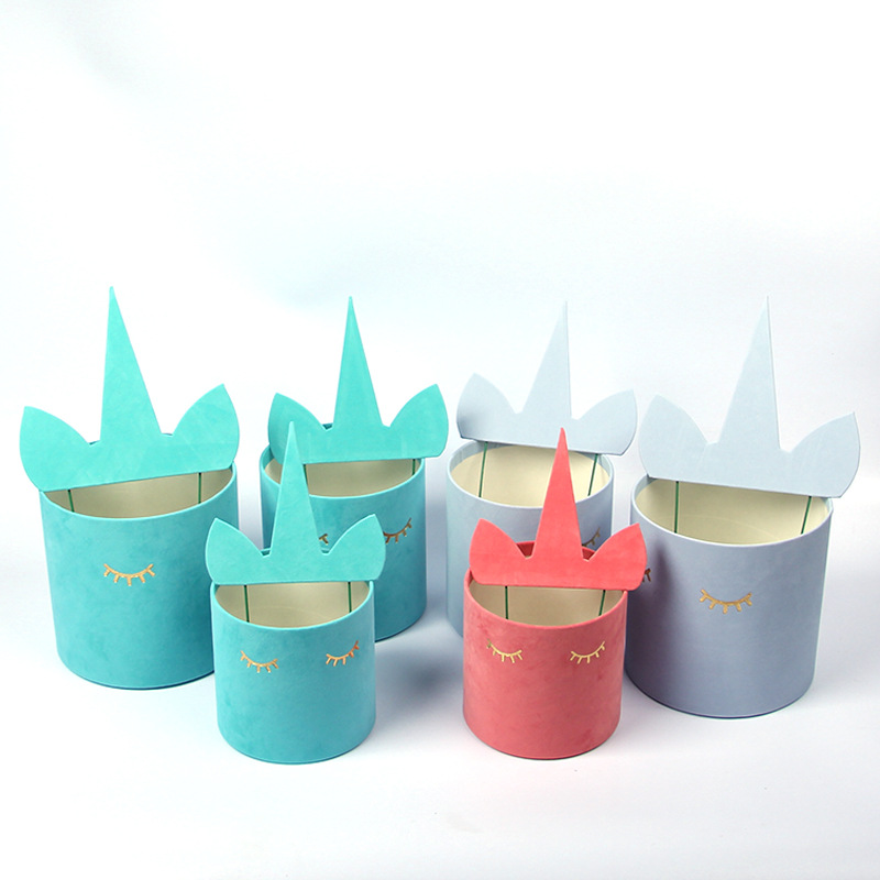 高端绒布抱抱桶花盒独角兽分体鲜花包装盒三件套圆桶花盒鲜花礼盒