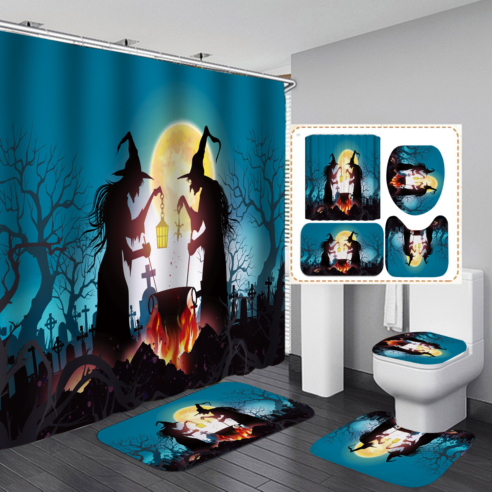 Nuevos productos transfronterizos Halloween HD impresión digital impermeable poliéster baño baño partición cortina de ducha suministro directo de fábrica