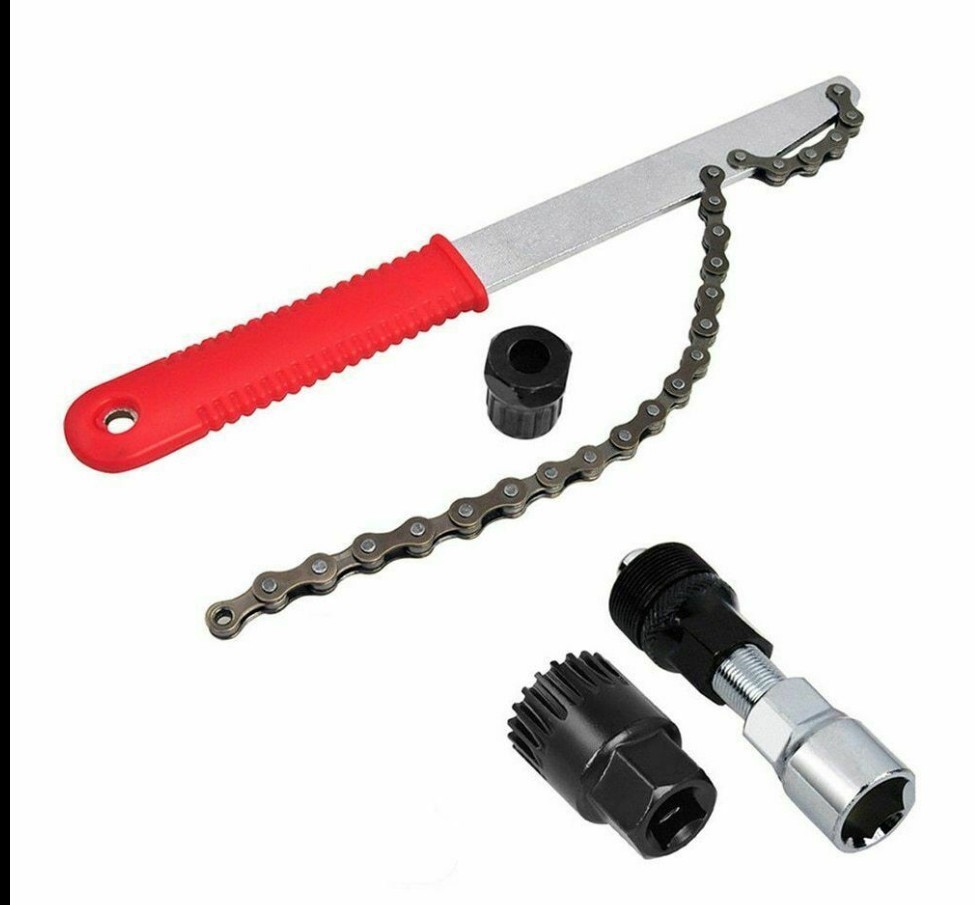 Kit de herramientas para reparación de bicicletas de montaña, incluye extractor de volante, trampa de cadena y desmontador de eje central.