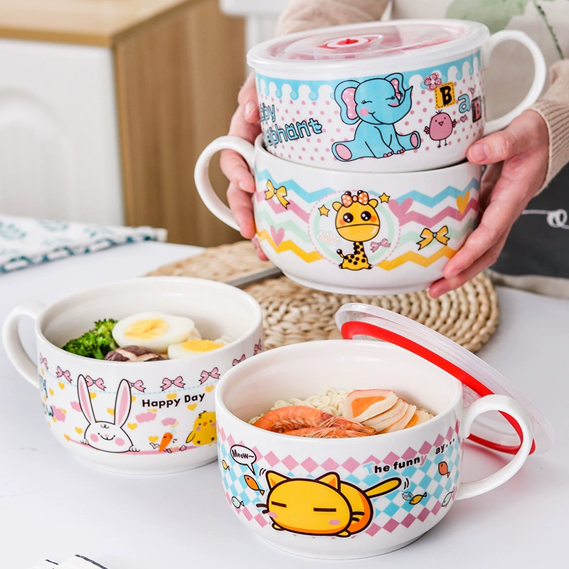 Microwave ceramic noodle bowl with lid and handle, 5.25″ and 6″, cute printed designs