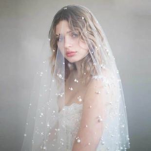 European and American Pearl Bride Wedding Single-Layer Veil Hand-Encrypted Women's Soft Veil Travel Photo Veil