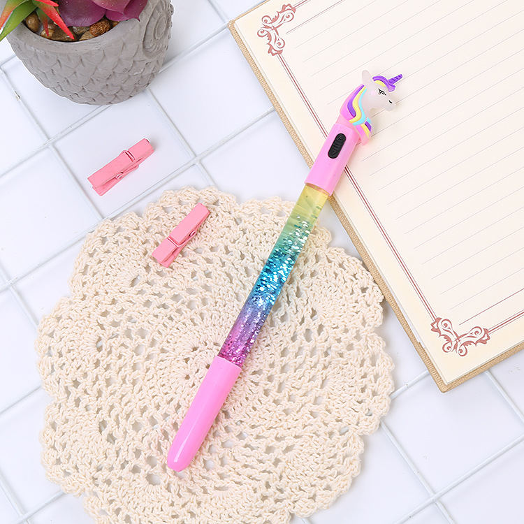 Pluma de gel de arena movediza de hadas unicornio con luz creativa luminosa aceite arena movediza pluma de agua lindo estudiante papelería