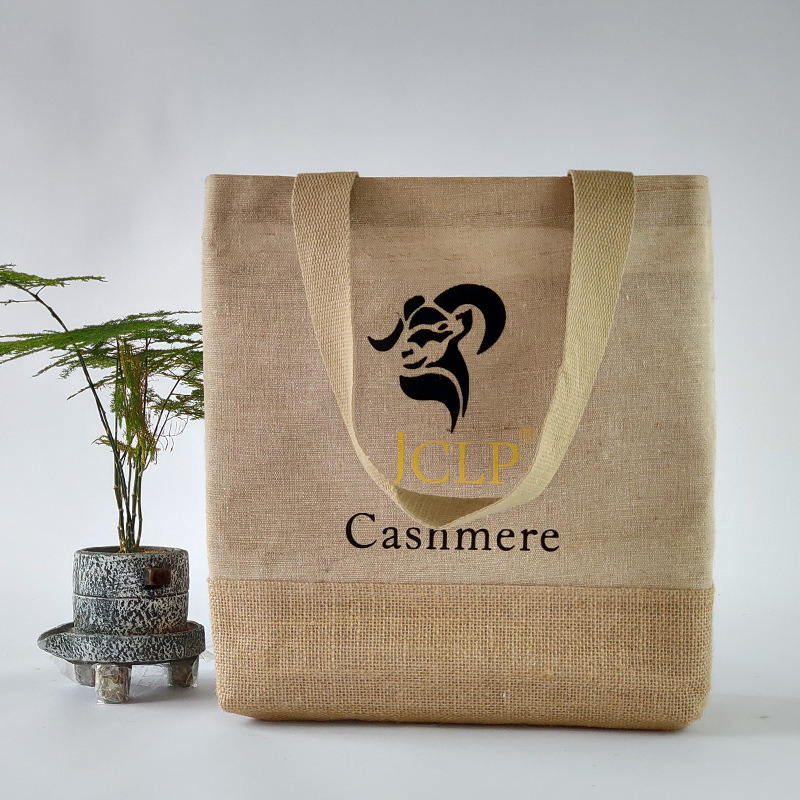 厂家批发黄麻拼接环保手提袋 亚麻布简约手提袋礼品收纳包购物袋