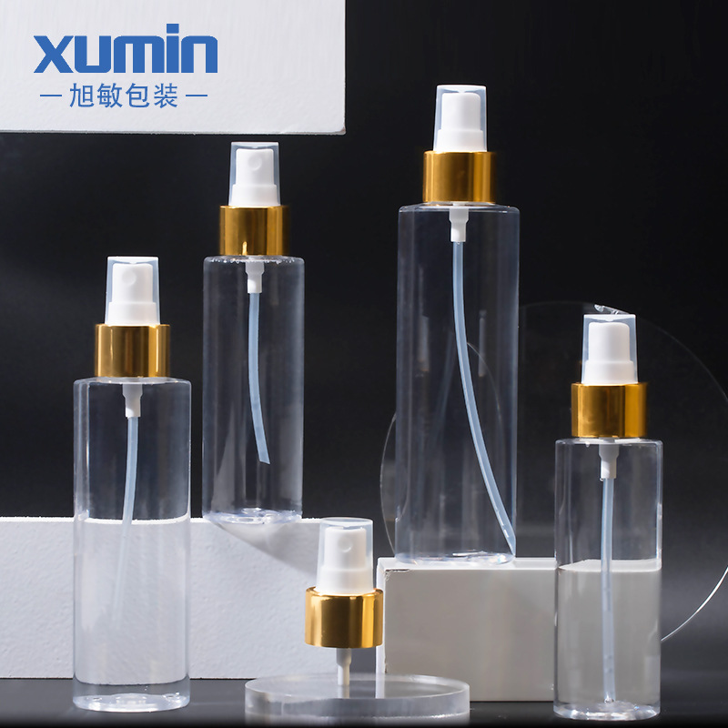 En stock plástico transparente hombro plano tóner plástico PET botella de embalaje cosmético Xumin material de embalaje Xumin
