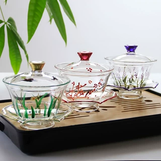 加厚玻璃功夫茶盖碗泡茶碗盖子茶具茶杯茶碗多彩玻璃盖碗
