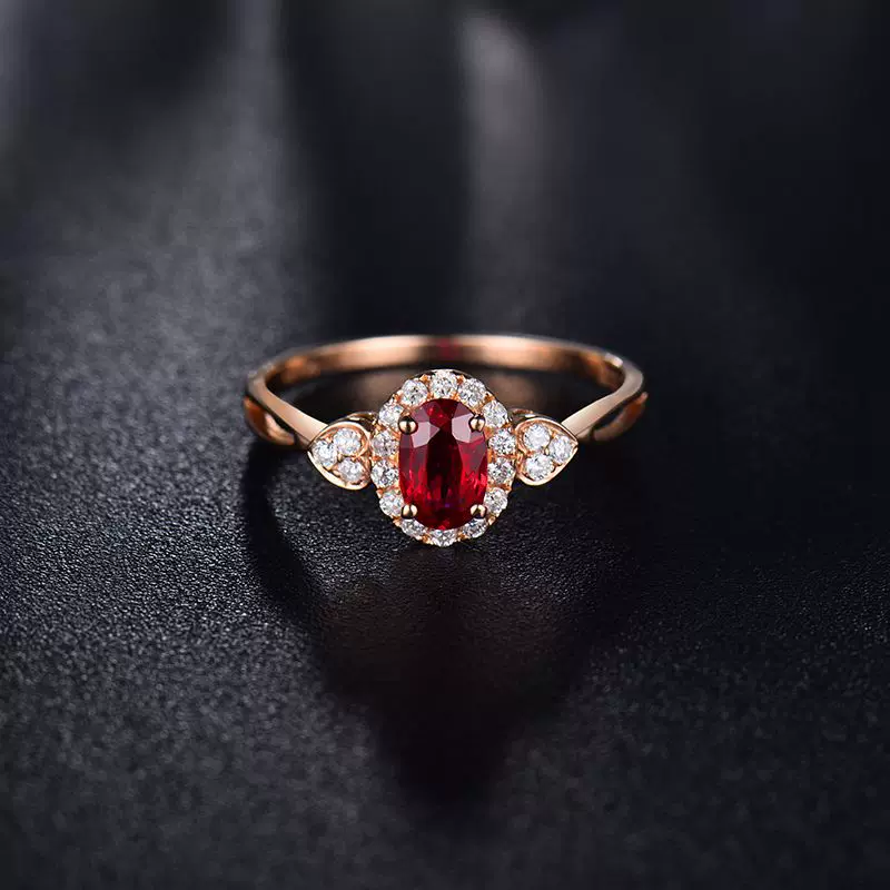 18K玫瑰金天然鸽血红宝石戒指女镶嵌真钻石彩色宝石首饰批发零售