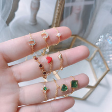 月亮马蹄珍珠绿方钻爱心 抽拉链条s925银镀14k金戒指可调节指环