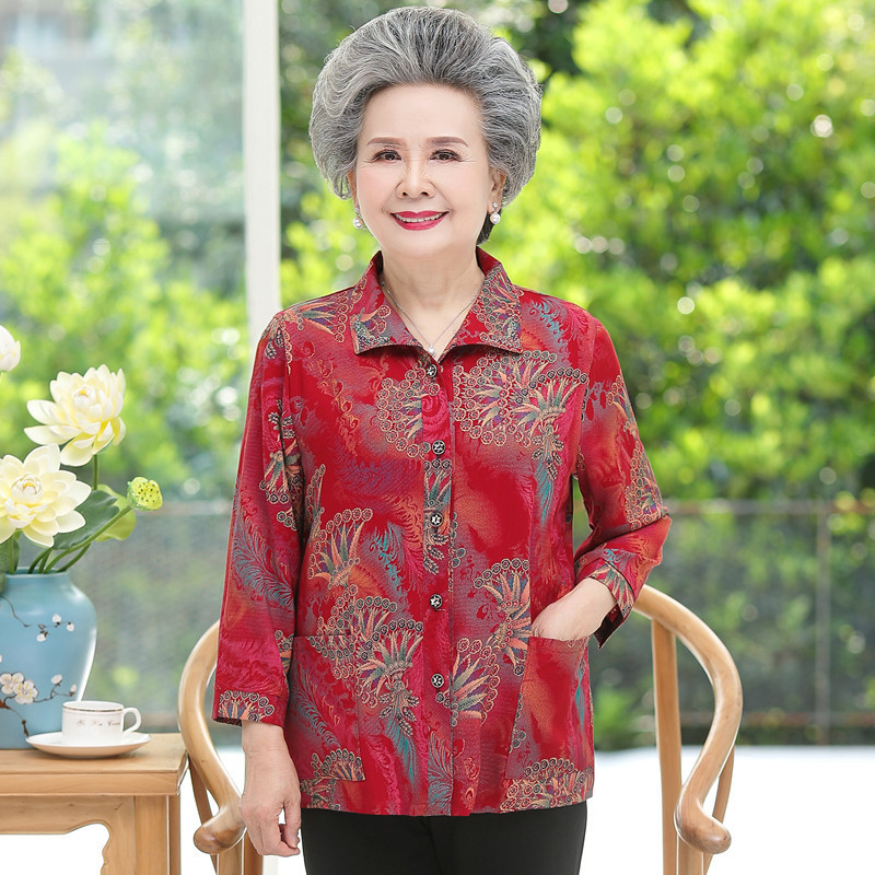 Middle-aged and elderly women's cotton silk shirt 60 mother's artificial cotton shirt grandma summer long sleeve lapel clothes