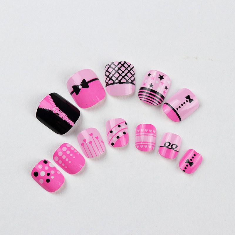 Pink and Black Manicure Stickers, Personalized Creative Nails, Kidsren's Printed Fake Nails, Finished Wearable Nails