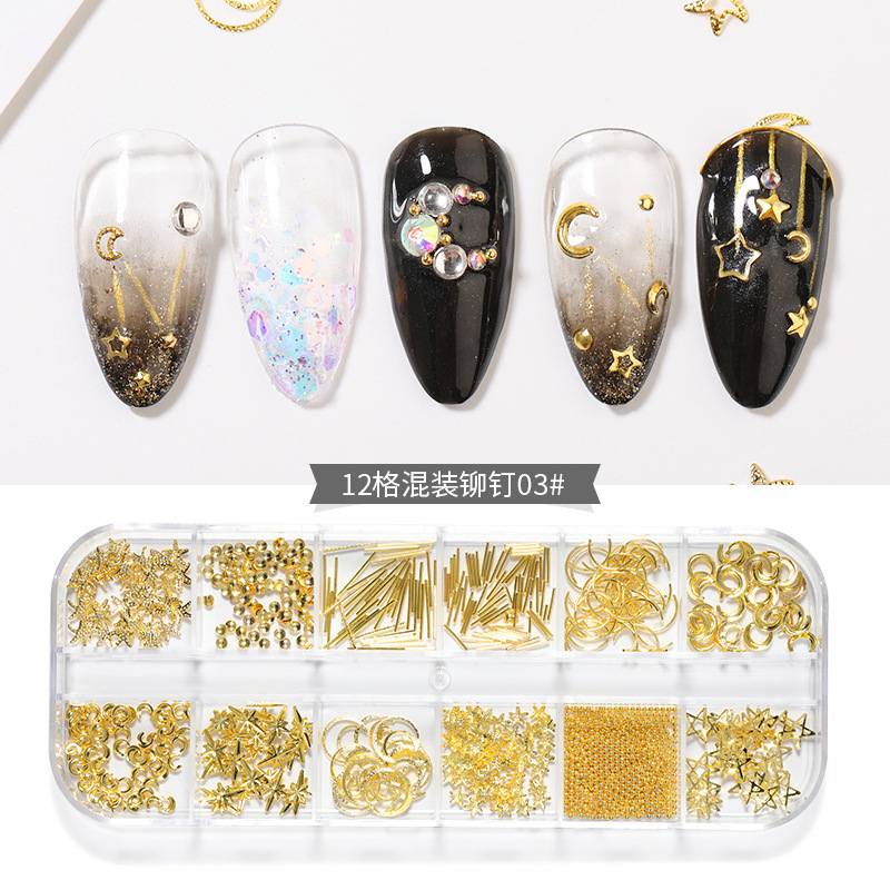 Nuevo estilo clavo remache joyería caja larga mixta japonés clavo Rosa oro metal estrella Luna hueco parche de uñas image 5