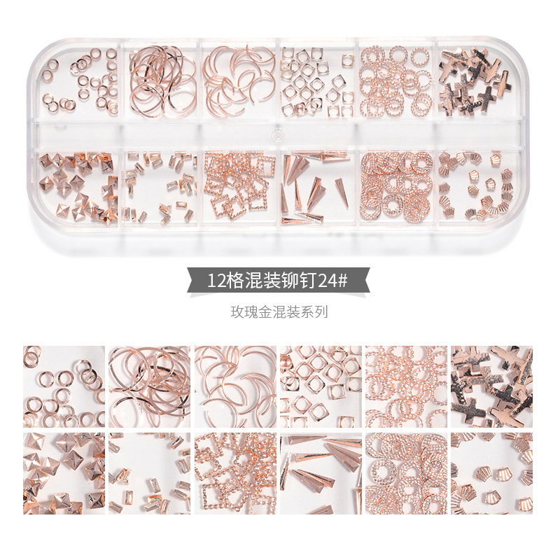 Nuevo estilo clavo remache joyería caja larga mixta japonés clavo Rosa oro metal estrella Luna hueco parche de uñas image 13