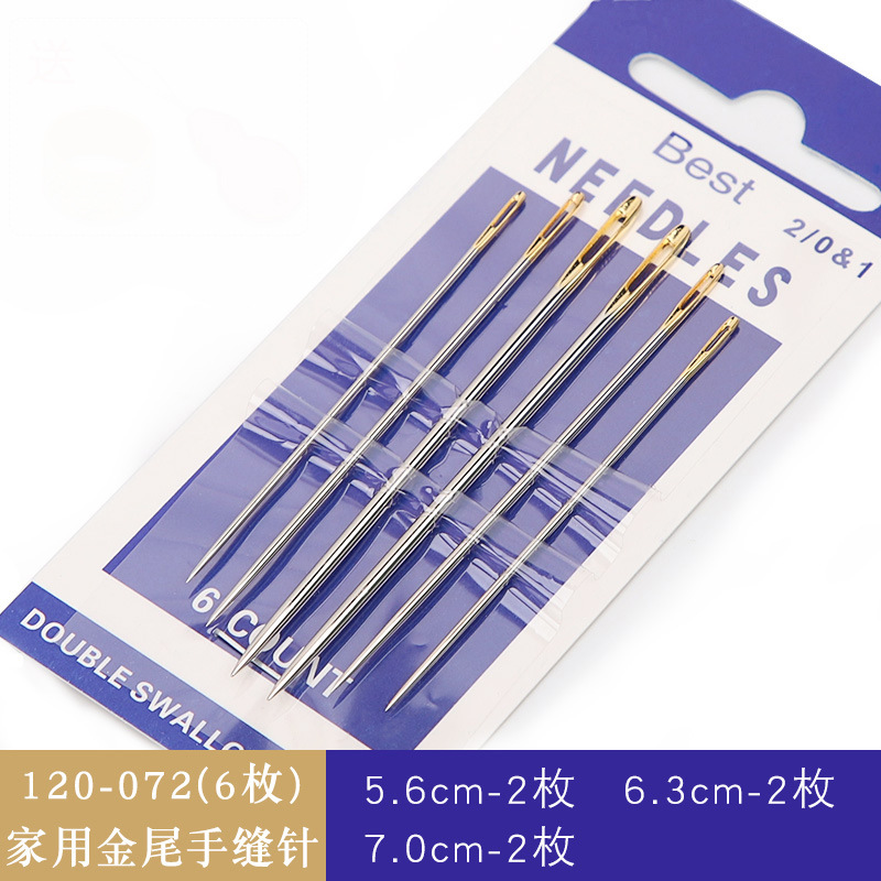 Agujas de coser a mano azules al por mayor del fabricante, agujas de bordado de punto de cruz hechas a mano con puntas doradas, agujas de coser domésticas para ropa, varios tamaños, agujas de ojo grande.