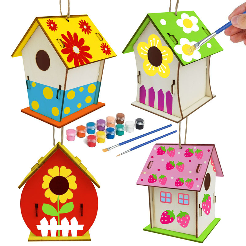 Jiacai New Factory Direct wooden home decoration DIY handmade painted bird room indoor and outdoor pendant crafts