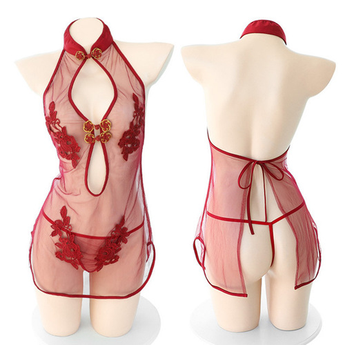 Sexy pajamas, sexy breast-revealing transparent underwear, support nightgown, teasing cheongsam suit, open and no need to take off 1209