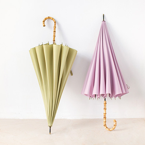 16 rib solid color straight umbrella small fresh long handle umbrella curved hook solid wood umbrella increased wind resistance double male and female sunny umbrella