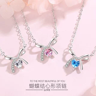 韩版S925纯银蝴蝶结心形项链女镶钻高级感潮网红气质简约锁骨链