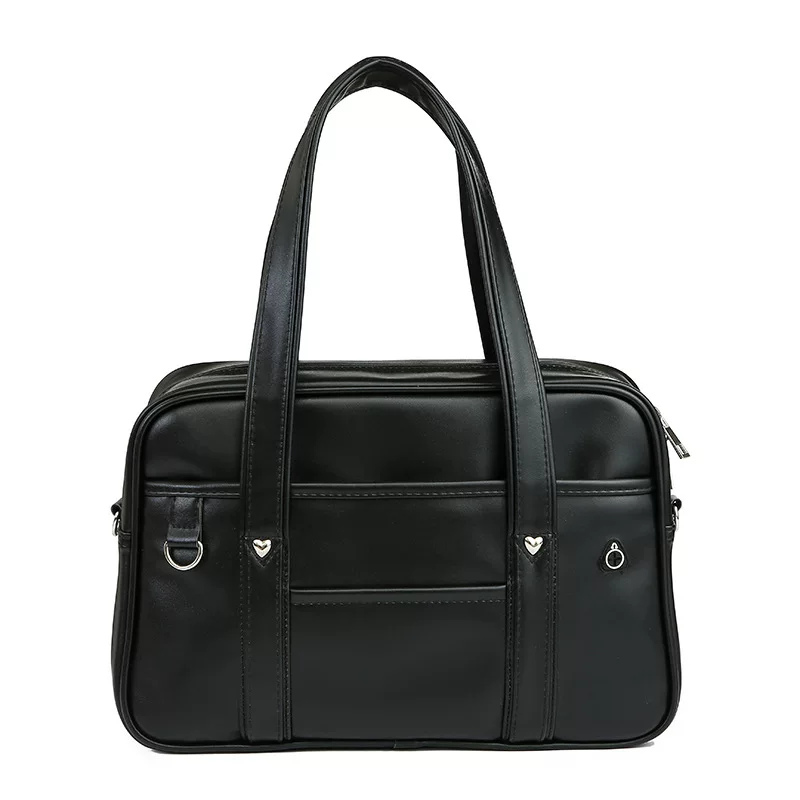 One‑shoulder Japanese school handbag, polyurethane, compact rectangular design, decorative metal accents