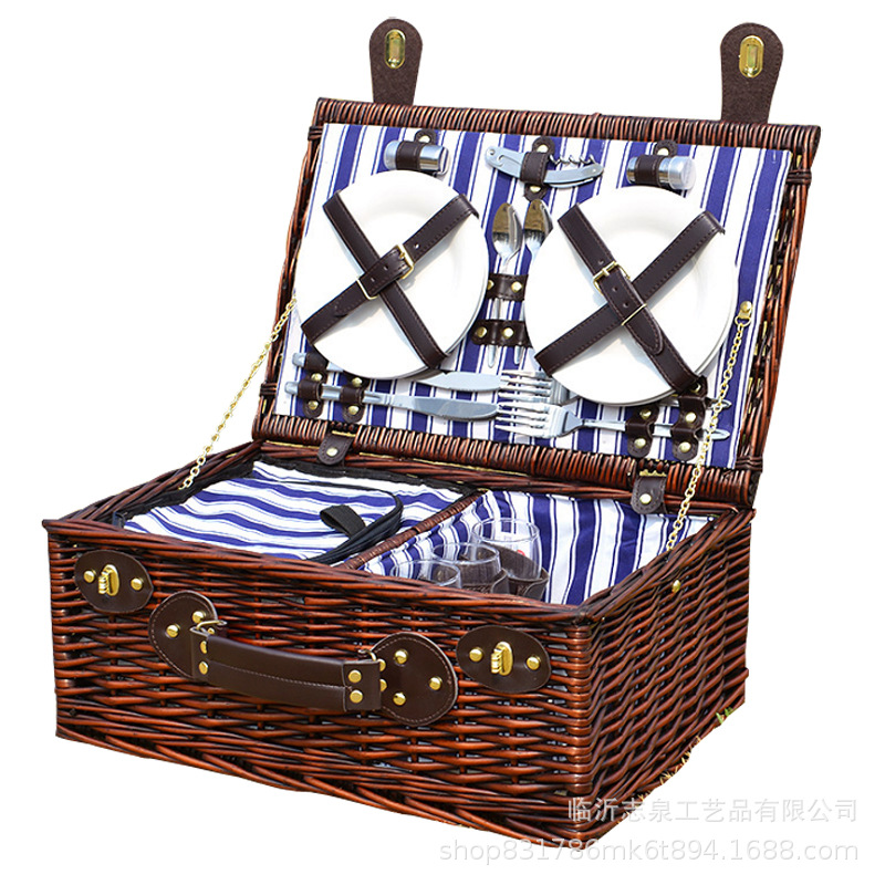 Cestas de picnic de sauce transfronterizas, cestas de picnic de caña idílico con cubierta, cestas portátiles, caja de almacenamiento de aislamiento térmico, cestas de picnic portátiles