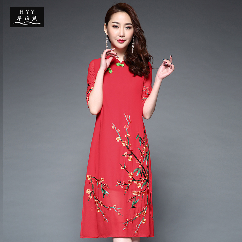 中年妈妈装中长款雪纺礼服连衣裙改良旗袍大摆女装裙一件代发