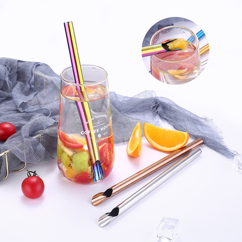 Cross-border exclusive supply of new 304 stainless steel straws, food-grade creative pearl milk tea straw spoons, smoothie straws
